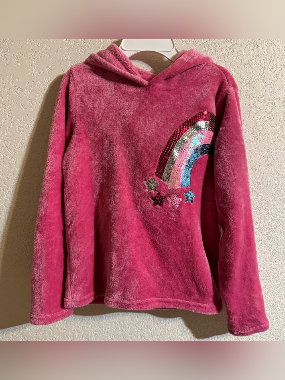 BCBG Girls Pink Plush Hoodie Rainbow Sequins Sweatshirt Size M 10-12